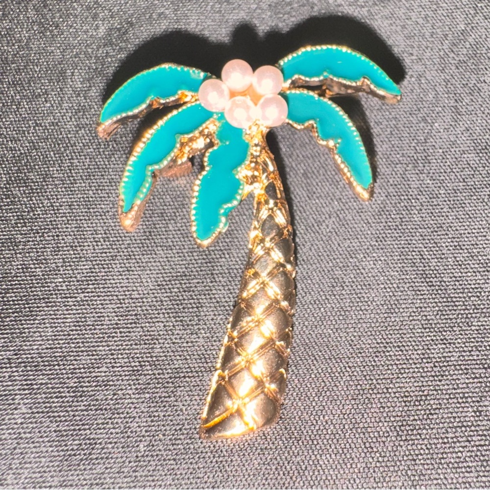 Modern Gold and Teal Palm Tree Brooch with faux pearl size small